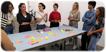 Group of people putting post-its on a table